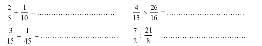Tính.  2/5 + 1/10 = .....  4/13 x 26/16 =  (ảnh 1)