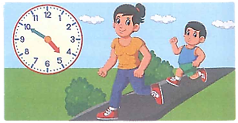 Huy bắt đầu chạy thể dục cùng mẹ lúc 17 giờ kém 10 phút và chạy xong lúc 18 giờ kém 15 phút. Vậy thời gian Huy chạy thể dục cùng mẹ là: A. 25 phút B. 65 phút C. 60 phút D. 55 phút (ảnh 1)