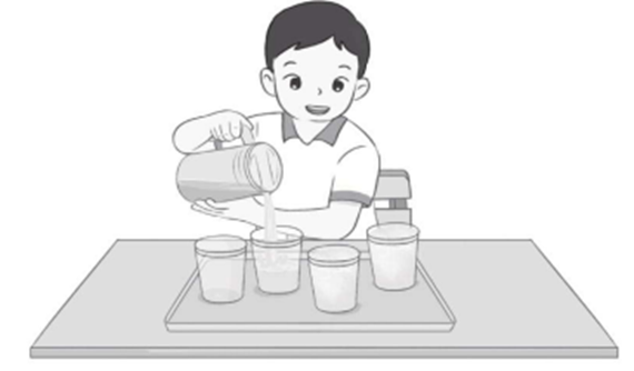 Bài 5 trang 65 vở bài tập Toán lớp 2 Tập 1: Thực hành: Đổ 1 l nước từ bình 1 l sang các cốc như nhau. (ảnh 1)