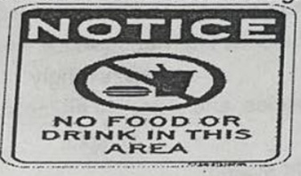 What does the sign say?   A. You are allowed to eat and drink here without any restrictions. B. Eating and drinking are not permitted in this area at all times. C. You can bring drinks but not food into this area. D. Food is permitted but drinks are not allowed in this area. (ảnh 1)