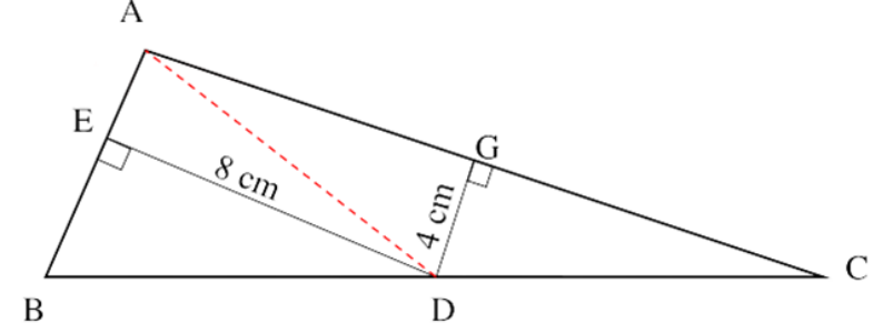 Cho tam giác ABC, trên BC lấy trung điểm D. Từ D kẻ DE vuông góc với AB; DG vuông góc với AC. Biết DG = 4cm, DE = 8cm. a. Tìm tỉ số AB và AC? b. Tính diện tích tam giác ABC biết AB + AC = 21 cm?  (ảnh 1)