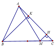 Cho tam giác ABC có MC = 1/4 BC, BK là đường cao của tam giác ABC, MH đường cao của tam giác AMC có AC là đáy chung. So sánh độ dài BK và MH? (ảnh 2)