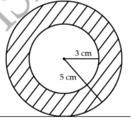 Cho hình vẽ bên biết bán kính hình tròn nhỏ là 3 cm, bán kính hình tròn lớn là 5 cm. Tính diện tích hình gạch chéo. (ảnh 1)