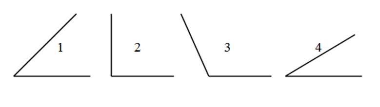 Hình nào là góc vuông?   A. 1			B. 2			C. 3			D. 4 (ảnh 1)