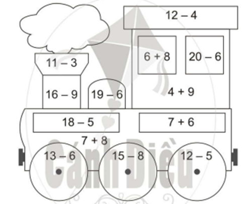 Bài 6 trang 47 vở bài tập Toán lớp 2 Tập 1: Tô màu theo chỉ dẫn: Các phép tính có kết quả là 13 tô màu đỏ, 7 tô màu nâu, 8 tô màu vàng, 15 tô màu xanh lá cây, 14 tô màu tím. (ảnh 1)