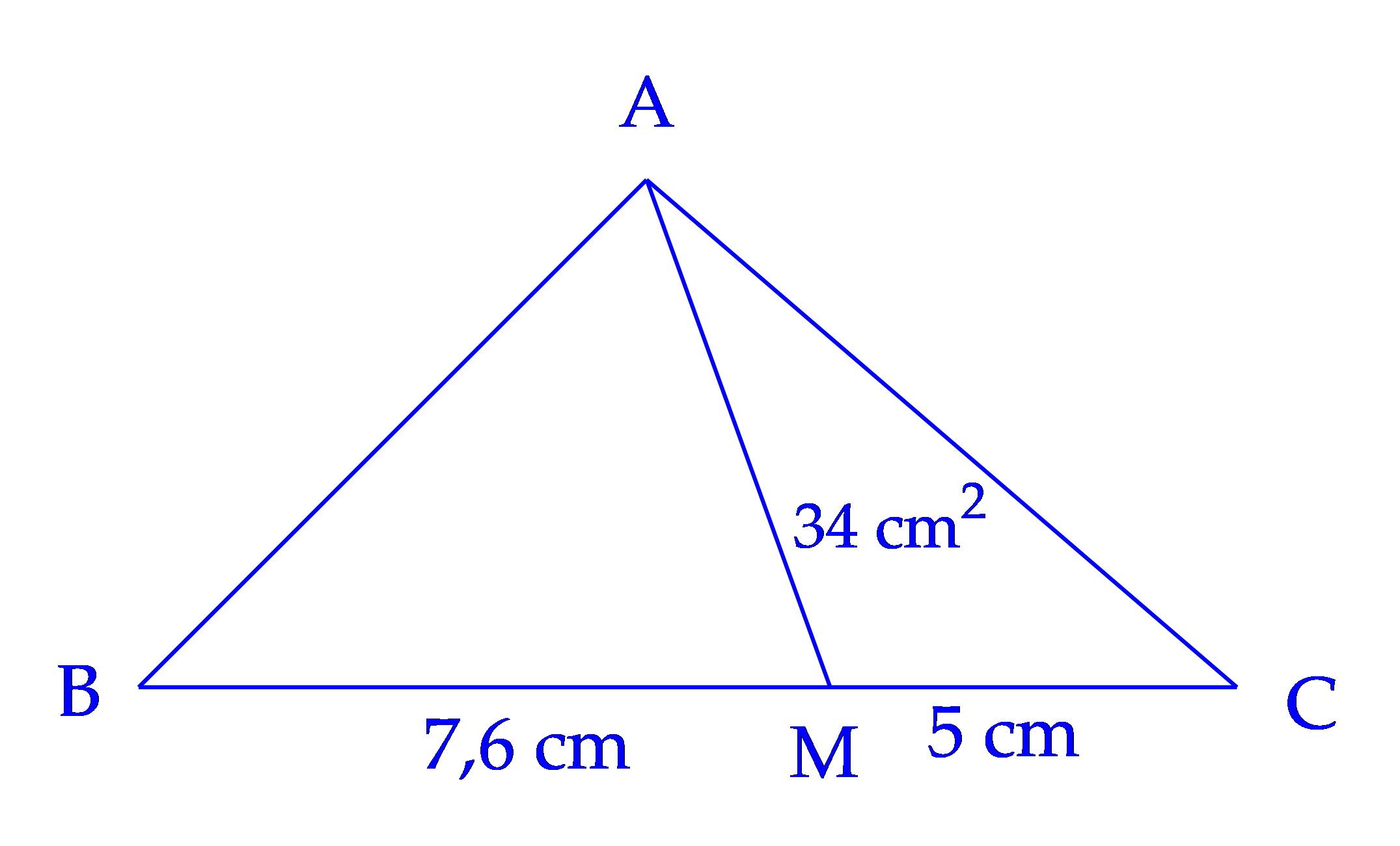 Tính diện tích hình tam giác ABM (như hình vẽ), biết diện tích hình tam giác AMC là 34 cm2. (ảnh 1)