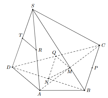 Cho hình chóp S.ABCD có AD không song song với BC. Gọi M, N, P, Q, R, T lần lượt là trung điểm của AC, BD, BC, CD, SA, SD. Cặp đường thẳng nào sau đây song song với nhau. 	 (ảnh 1)