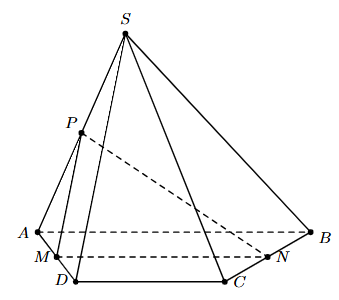 Cho hình chóp S.ABCD có đáy ABCD là hình thang (AB // CD). Gọi N, M, P lần lượt là trung điểm của BC, AD, SA. Giao tuyến của hai mặt phẳng (SAB) và (MNP). (ảnh 1)
