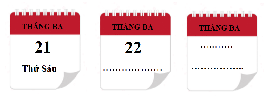 Bạn My xé 3 tờ lịch liền nhau và xếp theo thứ tự từ trái sang phải, viết tiếp vào chỗ chấm cho thích hợp. (ảnh 1)