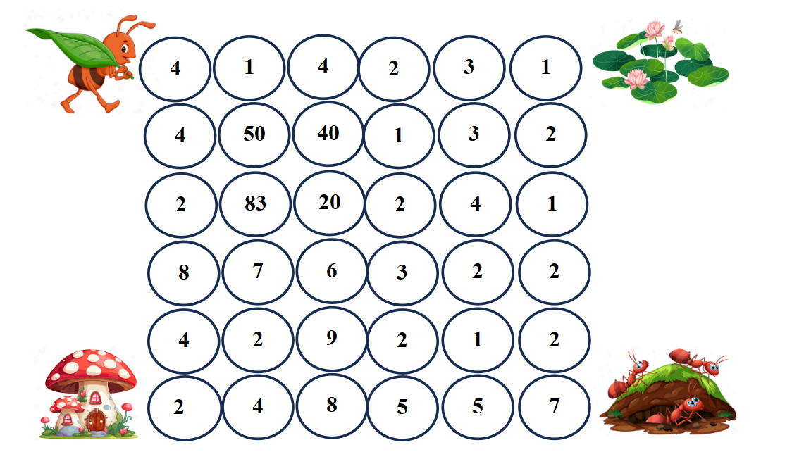 Em hãy giúp kiến về nhà bằng cách tô màu vào các ô có số lơn hơn 45. (ảnh 1)