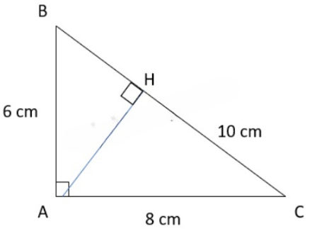 Cho tam giác ABC vuông tại A, AB = 6 cm; AC = 8 cm; BC = 10 cm. Chiều cao AH của tam giác ABC là: (ảnh 1)