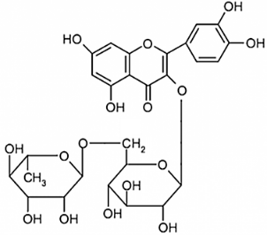  Rutin có nhiều trong hoa hoè còn được gọi là vitamin P. Rutin có công thức cấu tạo như hình bên dưới:  a). Rutin có chứa 27 nguyên tử C.  b). Trong phân tử rutin có một gốc α-fructose.  c). Một mol rutin tác dụng được với tối đa 6 mol NaOH trong dung dịch.  d). Khối lượng rutin thành phẩm có độ tinh khiết 94,10% thu được bằng phương pháp chiết dùng nước nóng từ 300 kg nụ hoa hòe khô (có 28,9% rutin về khối lượng), với hiệu suất của quá trình chiết đạt 11,29% là 10,4 kg (kết quả làm tròn đến hàng phần mười). (ảnh 1)