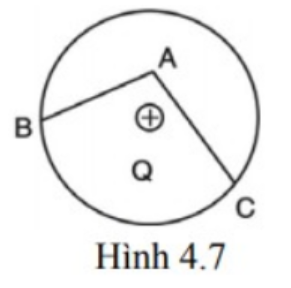 Điện tích điểm +Q ở tâm đường tròn như hình 4.7. So sánh công A1 và A2 của lực điện trường khi điện tích điểm q < 0 đi theo đường gấp khúc BAC và theo cung BC.￼ (ảnh 1)