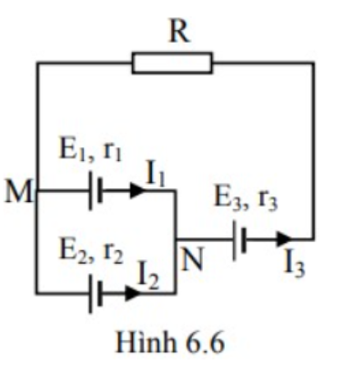 Cho mạch điện như hình 6.6. Chọn chiều thuận cho mỗi vòng kín là chiều kim đồng hồ. Phương trình nào sau đây thể hiện đúng định luật Kirchhoff?￼ (ảnh 1)
