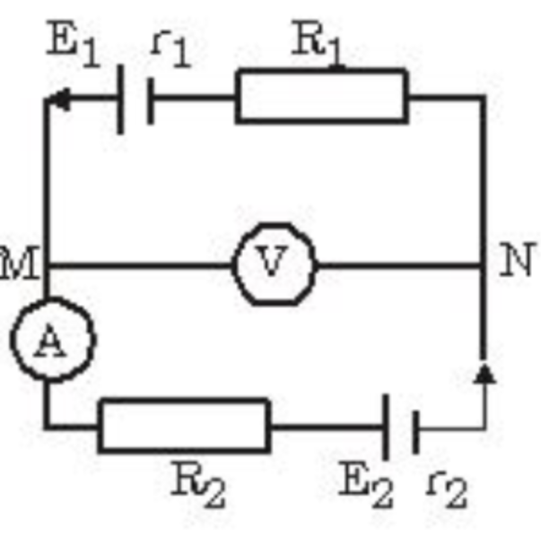 Mạch điện hình 6.4: E1 = 16 V, E2 = 7 V, r1 = r2 = 1 Ω, R1 = R2 = 5 Ω. RV rất lớn, bỏ qua RA và điện trở dây nối. Tính số chỉ của ampe kế.￼ (ảnh 1)