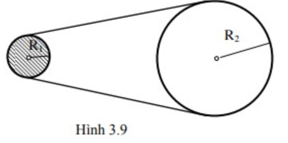 Một dây cuaroa truyền động, vòng qua vô lăng I và bánh xe II (hình 3.9). Bán kính của vô lăng và bánh xe là R1 = 10cm và R2 = 50cm. Vô lăng đang quay với vận tốc 720 vòng/phút thì bị ngắt điệ (ảnh 1)
