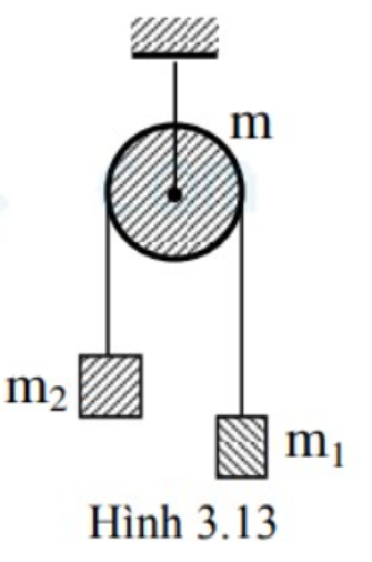 Một sợi dây nhẹ, không co giãn, vắt qua ròng rọc có dạng đĩa tròn đồng chất, khối lượng m = 800g, hai đầu dây buộc chặt hai vật nhỏ khối lượng m1 = 2,6 kg và m2 = 1 kg (hình 3.13). Thả cho ha (ảnh 1)