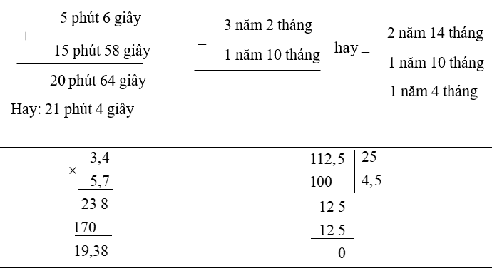 Đặt tính rồi tính: 5 phút 6 giây + 15 phút 58 giây 3 năm 2 tháng – 1 năm 10 tháng 3,4 × 5,7 112,5 : 25 (ảnh 1)