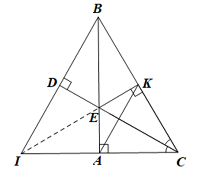      5.1. Tìm số đo \(x\) trong hình vẽ sau:       5.2. Cho tam giác \[ABC\] vuông tại \[A\] có \(\widehat C = 60^\circ \). Tia phân giác góc \(C\) cắt \[AB\] tại \[E\]. Kẻ \[EK\] vuông góc với \(BC\) tại \(K\).       a) Chứng minh rằng \(\Delta ACE = \Delta KCE\) và \[AK \bot CE\].       b) Chứng minh rằng \[BC = 2AC\] và \(EB > AC\).       c) Kẻ \[BD\] vuông góc với \(CE\) tại \(D\). Chứng minh ba đường thẳng \(AC,EK,BD\) đồng quy. (ảnh 2)