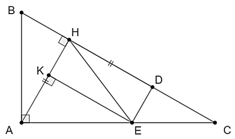 1. Người ta dùng máy ảnh để chụp một người có chiều cao \[1,5{\rm{ m}}\] (như hình vẽ). Sau khi rửa phim thấy ảnh \[CD\] cao \[4{\rm{ cm}}\]. Biết khoảng cách từ phim đến vật kính của máy ảnh lúc chụp là \[ED = 6{\rm{ cm}}.\] Hỏi khoảng cách từ người đó đến vật kính máy ảnh một đoạn \[BE\] là bao nhiêu?  2. Cho tam giác \[ABC\] vuông tại \[A\,\,\,\left( {AB < AC} \right),\] vẽ đường cao \[AH.\]  a) Chứng minh: .  b) Chứng minh: \(A{H^2} = HB \cdot HC\).  c) Trên tia \[HC,\] lấy điểm \(D\) sao cho \[HD = HA.\] Từ \(D\) vẽ đường thẳng song song \[AH\] cắt \[AC\] tại \[E.\] Chứng minh \[AE = AB.\] (ảnh 2)