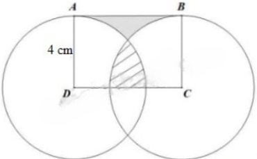 Hình chữ nhật ABCD có cạnh AD bằng 4 cm. Hình tròn tâm D, bán kính DA và hình tròn tâm C, bán kính CB có vị trí như hình bên. Hãy tính độ dài cạnh CD biết diện tích phần tô đậm bằng diện tích phần gạch chéo. (ảnh 1)