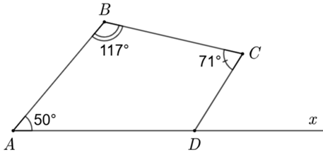 Cho tứ giác \(ABCD\) có \[\widehat A = 50^\circ ;\,\,\widehat B = 117^\circ ;\,\,\widehat C = 71^\circ \]. Số đo góc ngoài tại đỉnh \(D\) bằng (ảnh 1)