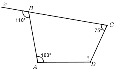 Tứ giác \(ABCD\) có \(\widehat A = 100^\circ ,\) góc ngoài tại đỉnh \(B\) bằng \(110^\circ ;\,\,\widehat C = 75^\circ .\) Số đo góc \(D\) là (ảnh 1)