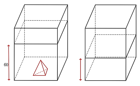 Một bể kính hình hộp chữ nhật có hai cạnh đáy là \(60{\rm{ cm}}\) và \(30{\rm{ cm}}{\rm{.}}\) Trong bể có một khối đá hình chóp tam giác đều với diện tích đáy là \(270{\rm{ c}}{{\rm{m}}^2}\), chiều cao \(30{\rm{ cm}}{\rm{.}}\) Người ta đổ nước vào bể sao cho nước ngập khối đá và đo được mức nước là \(60{\rm{ cm}}{\rm{.}}\)  a) Diện tích đáy của bể hình hộp chữ nhật là \(180{\rm{ c}}{{\rm{m}}^{\rm{2}}}\).  b) Thể tích khối đá hình chóp tam giác đều là \(2{\rm{ }}700{\rm{ c}}{{\rm{m}}^3}.\)  c) Thể tích khối nước là \(108{\rm{ }}000{\rm{ c}}{{\rm{m}}^2}\).  d) Khi lấy khối đá ra thì mực nước của bể cao 56 cm.      (ảnh 1)
