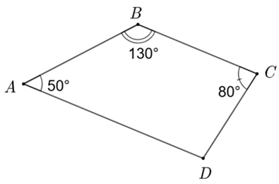 Cho tứ giác \[ABCD\] có \(\widehat A = 50^\circ \,;\,\,\widehat B = 130^\circ \,;\,\,\widehat C = 80^\circ \). Tính số đo của \(\widehat D\) (đơn vị: độ). (ảnh 1)
