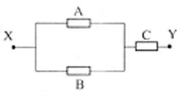 Ba điện trở A, B, C có giá trị lần lượt là 3R, 6R và \(R\) được nối với nhau như hình bên. Khi đặt một điện áp vào hai đầu XY của đoạn mạch thì công suất tỏa nhiệt trên các điện trở A, B, C lần lượt là \({P_A},{P_B},{P_C}\). Tỉ số \({P_A}:{P_B}:{P_C}\) là (ảnh 1)