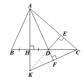5.1. Cho \(\Delta ABC\) có \(\widehat A = 40^\circ ,\widehat B - \widehat C = 20^\circ \) trên tia đối của \(AC\) lấy điểm \(E\) sao cho \(AE = AB\). Hỏi số đo của \(\widehat {CBE}\) bằng bao nhiêu độ? 5.2. Cho tam giác nhọn \(ABC\) \(\left( {AB < AC} \right)\) có đường cao \(AH\). a) Chứng minh \(\widehat {BAH} < \widehat {HAC}\). b) Trên đoạn thẳng \(HC\) lấy điểm \(D\) sao cho \(HD = HB\). Chứng minh tam giác \(ABD\) là tam giác cân. c) Từ \(D\) kẻ \(DE \bot AC\), từ \(C\) kẻ \(CF \bot AD\). Chứng minh ba đường thẳng \(AH,DE,CF\) đồng quy. (ảnh 2)