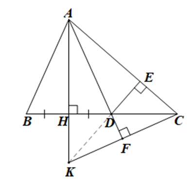Cho tam giác nhọn \(ABC\) \(\left( {AB < AC} \right)\) có đường cao \(AH\). a) Chứng minh \(\widehat {BAH} < \widehat {HAC}\). b) Trên đoạn thẳng \(HC\) lấy điểm \(D\) sao cho \(HD = HB\). Chứng minh tam giác \(ABD\) là tam giác cân. c) Từ \(D\) kẻ \(DE \bot AC\), từ \(C\) kẻ \(CF \bot AD\). Chứng minh ba đường thẳng \(AH,DE,CF\) đồng quy. (ảnh 1)