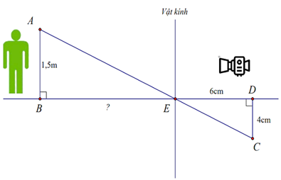 1. Người ta dùng máy ảnh để chụp một người có chiều cao \[1,5{\rm{ m}}\] (như hình vẽ). Sau khi rửa phim thấy ảnh \[CD\] cao \[4{\rm{ cm}}\]. Biết khoảng cách từ phim đến vật kính của máy ảnh lúc chụp là \[ED = 6{\rm{ cm}}.\] Hỏi khoảng cách từ người đó đến vật kính máy ảnh một đoạn \[BE\] là bao nhiêu?  2. Cho tam giác \[ABC\] vuông tại \[A\,\,\,\left( {AB < AC} \right),\] vẽ đường cao \[AH.\]  a) Chứng minh: .  b) Chứng minh: \(A{H^2} = HB \cdot HC\).  c) Trên tia \[HC,\] lấy điểm \(D\) sao cho \[HD = HA.\] Từ \(D\) vẽ đường thẳng song song \[AH\] cắt \[AC\] tại \[E.\] Chứng minh \[AE = AB.\] (ảnh 1)