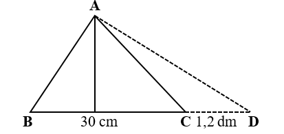 Cho tam giác ABC, cạnh BC có độ dài là 30 cm. Biết rằng nếu kéo dài cạnh BC thêm 1,2 dm thì diện tích tam giác ABC sẽ tăng thêm 90 cm2. Tính diện tích tam giác ABC. (ảnh 2)