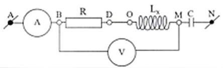Cho một bảng lắp ráp mạch điện có các chốt cắm điện (A, B, D, O, M, N) như hình bên. Các linh kiện: một ampe kế có điện trở không đáng kể, một vôn kế có điện trở rất lớn, một đoạn dây dẫn có điện trở không đáng kể, một điện trở \(R = 50\Omega \), một tụ điện có điện dung \(C = \frac{{100}}{\pi }\mu F\) và một cuộn dây cảm thuần có độ tự cảm \({L_x}\) có thể thay đổi đượC. Ampe kế được cắm vào chốt A và B, điện trở R được cắm vào chốt B và D, đoạn dây dẫn điện được cắm vào chốt D và O, cuộn dây \({L_x}\) được cắm vào chốt O và M, tụ điện C được cắm vào chốt M và N. Cung cấp một điện áp xoay chiều \(u = 200\sqrt 2 \cos (100\pi t)(V)\), trong đó \(t\) tính bằng giây (s), vào hai chốt A và N. a. Vẽ sơ đồ mạch điện. Điều chỉnh để độ tự cảm của cuộn dây bằng \({L_x} = \frac{1}{{2\pi }}\) H, xác định số chỉ của ampe kế và viết biểu thức của cường độ dòng điện tức thời trong mạch. b. Vôn kế được cắm vào hai chốt B và M. Điều chỉnh \({L_x}\) để số chỉ của vôn kế đạt giá trị cực đại. Xác định giá trị của \({L_x}\) và số chỉ của vôn kế khi đó. (ảnh 1)