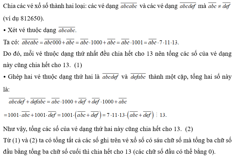 Chứng minh rằng tổng tất cả các số ghi trên vé xổ số có sáu chữ số mà tổng ba chữ số đầu bằng tổng ba chữ số cuối thì chia hết cho 13 (các chữ số đầu có thể bằng 0). (ảnh 1)