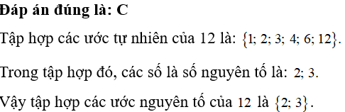 Tập hợp các ước nguyên tố của 12  là (ảnh 1)