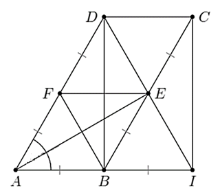 Cho hình bình hành \(ABCD\) có \(BC = 2AB\), \(\widehat A = 60^\circ \). Gọi \(E\), \(F\) theo thứ tự là trung điểm của \(BC\), \(AD\). Trên tia \(AB\) lấy điểm \(I\) sao cho \(B\) là trung điểm của \(AI.\) a) \(AB = \frac{2}{3}BE\).	b) Tứ giác \(ABEF\) là hình chữ nhật. c) Tam giác \(ADI\) cân tại \(D\).	d) \(\widehat {AED} = 90^\circ \). (ảnh 1)