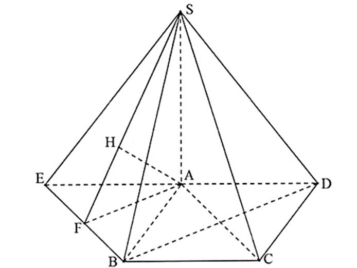 Cho hình chóp tứ giác S.ABCD có đáy ABCD là hình thoi cạnh bằng a, \[\widehat {BAD} = 120^\circ \], cạnh bên SA vuông góc với mặt phẳng đáy, góc giữa đường thẳng SC và mặt phẳng đáy bằng 45°. Tính khoảng cách giữa hai đường thẳng SB và AC. (ảnh 1)