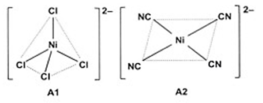 Cấu trúc của phức chất [NiCl4]2- (A1) và [Ni(CN)4]2- (A2) được cho ở hình bên. Phát biểu nào sau đây không đúng về A1 và A2? (ảnh 1)