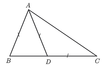 	5.1. Cho \[\Delta ABD\] cân tại \[A\] có \[\widehat A = 40^\circ \]. Trên tia đối của tia \[DB\] lấy điểm \[C\] sao cho \[DC = DA\]. Tính số đo của \[\widehat {ACB}\]. 	5.2.	Cho \(\Delta ABC\) vuông tại \(A\) (\(AB < AC\)). Tia phân giác của \(\widehat B\) cắt \(AC\) tại \(D\). Kẻ \(DE\) vuông góc với \(BC\) tại \(E\). Gọi \(M\) là giao điểm của \(AB\) và \(DE\). 	a) Chứng minh \(\Delta ABD = \Delta EBD\), từ đó suy ra \(BA = BE\). 	b) So sánh độ dài các cạnh của \(\Delta ADM\). 	c) Gọi \(K\) là trung điểm của \(MC\). Chứng minh ba điểm \(B\), \(D\), \(K\) thẳng hàng. (ảnh 1)