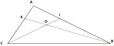 a) Cho tam giác ABC, trên cạnh AC lấy diểm K sao cho AK= AC, trên cạnh AB lấy điểm I sao cho AI =  AB. Nối IC và BK cắt nhau tại O. So sánh diện tích tam giác ABK và diện tích tam giác BCK.  b) Biết IC = 32 cm, tính độ dài đoạn thẳng IO.  c) Biết IC = 32 cm, tính độ dài đoạn thẳng OC. (ảnh 1)