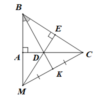 	5.1. Cho \[\Delta ABD\] cân tại \[A\] có \[\widehat A = 40^\circ \]. Trên tia đối của tia \[DB\] lấy điểm \[C\] sao cho \[DC = DA\]. Tính số đo của \[\widehat {ACB}\]. 	5.2.	Cho \(\Delta ABC\) vuông tại \(A\) (\(AB < AC\)). Tia phân giác của \(\widehat B\) cắt \(AC\) tại \(D\). Kẻ \(DE\) vuông góc với \(BC\) tại \(E\). Gọi \(M\) là giao điểm của \(AB\) và \(DE\). 	a) Chứng minh \(\Delta ABD = \Delta EBD\), từ đó suy ra \(BA = BE\). 	b) So sánh độ dài các cạnh của \(\Delta ADM\). 	c) Gọi \(K\) là trung điểm của \(MC\). Chứng minh ba điểm \(B\), \(D\), \(K\) thẳng hàng. (ảnh 2)
