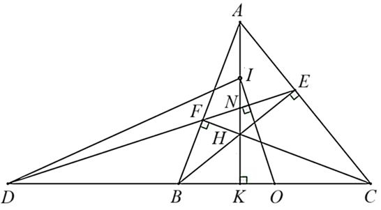 1. Bóng của một cái tháp trên mặt đất có độ dài \[BC = 63{\rm{ m}}.\] Cùng thời điểm đó, một cây cột \[DE\] cao 2 m cắm vuông góc với mặt đất có bóng dài 3 m (hình vẽ). Tính chiều cao của tháp.  2. Cho tam giác \[ABC\] có ba góc nhọn \[\left( {AB < AC} \right).\] Kẻ đường cao \[BE,{\rm{ }}AK\] và \[CF\] cắt nhau tại \[H.\]  a) Chứng minh: .  b) Chứng minh: \(AE \cdot AC = AF \cdot AB\).  c) Gọi \[N\] là giao điểm của \[AK\] và \[EF,{\rm{ }}D\] là giao điểm của đường thẳng \[BC\] và đường thẳng \[EF\] và \[O,{\rm{ }}I\] lần lượt là trung điểm của \[BC\] và  \[AH.\] Chứng minh \[ON\] vuông góc \[DI.\] (ảnh 2)