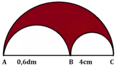 Cho hình vẽ bên, biết AB = 0,6dm; BC = 4cm. Tính diện tích phần tô đậm. (ảnh 1)