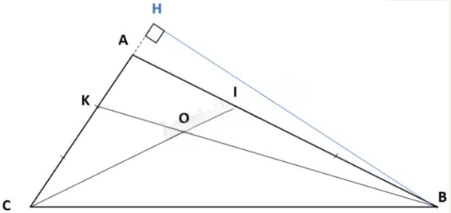 a) Cho tam giác ABC, trên cạnh AC lấy diểm K sao cho AK= AC, trên cạnh AB lấy điểm I sao cho AI =  AB. Nối IC và BK cắt nhau tại O. So sánh diện tích tam giác ABK và diện tích tam giác BCK.  b) Biết IC = 32 cm, tính độ dài đoạn thẳng IO.  c) Biết IC = 32 cm, tính độ dài đoạn thẳng OC. (ảnh 2)
