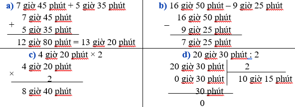 Đặt tính rồi tính:  a) 7 giờ 45 phút + 5 giờ 35 phút 	b) 16 giờ 50 phút – 9 giờ 25 phút  c) 4 giờ 20 phút × 2 	d) 20 giờ 30 phút : 2 (ảnh 1)