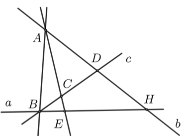 Cho hình vẽ sau. a) Đường thẳng \(c\) đi qua các điểm \(B,C,D.\) b) Cả ba đường thẳng \(a,b,c\) đều đi qua điểm \(B.\) c) \(A \in c,A \in b,A \notin a.\) d) Có \(4\) bộ ba điểm thẳng hàng trong hình trên. (ảnh 1)