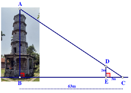 1. Bóng của một cái tháp trên mặt đất có độ dài \[BC = 63{\rm{ m}}.\] Cùng thời điểm đó, một cây cột \[DE\] cao 2 m cắm vuông góc với mặt đất có bóng dài 3 m (hình vẽ). Tính chiều cao của tháp.  2. Cho tam giác \[ABC\] có ba góc nhọn \[\left( {AB < AC} \right).\] Kẻ đường cao \[BE,{\rm{ }}AK\] và \[CF\] cắt nhau tại \[H.\]  a) Chứng minh: .  b) Chứng minh: \(AE \cdot AC = AF \cdot AB\).  c) Gọi \[N\] là giao điểm của \[AK\] và \[EF,{\rm{ }}D\] là giao điểm của đường thẳng \[BC\] và đường thẳng \[EF\] và \[O,{\rm{ }}I\] lần lượt là trung điểm của \[BC\] và  \[AH.\] Chứng minh \[ON\] vuông góc \[DI.\] (ảnh 1)