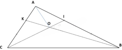 a) Cho tam giác ABC, trên cạnh AC lấy diểm K sao cho AK= AC, trên cạnh AB lấy điểm I sao cho AI =  AB. Nối IC và BK cắt nhau tại O. So sánh diện tích tam giác ABK và diện tích tam giác BCK.  b) Biết IC = 32 cm, tính độ dài đoạn thẳng IO.  c) Biết IC = 32 cm, tính độ dài đoạn thẳng OC. (ảnh 3)